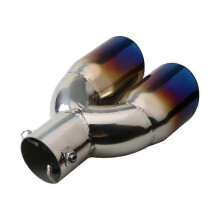(As show, One size) Straight - grilled blue-Modified dual tail pipe exhaust car decoration one outlet two tail throat muffler universal thickening dual tail throat exhaus