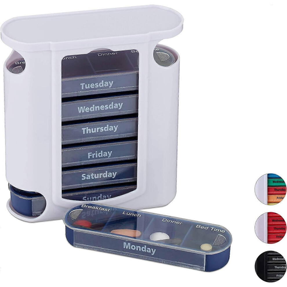 White/Blue (As Show, One Size) 7-Day Pill Box 4 Compartments English Weekly Medicine Box Morning Noon Evening Night, Coloured, Plastic,