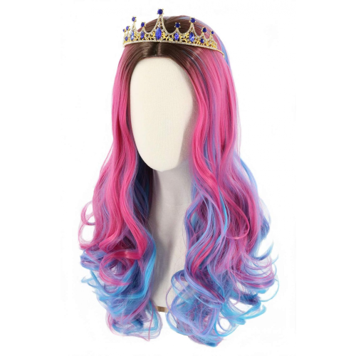 Peruca Audrey e Coroa para Crianças Meninas Peruca Longa Ondulada Rosa Azul