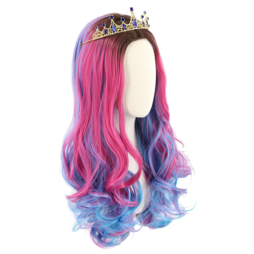 Peruca Audrey e Coroa para Crianças Meninas Peruca Longa Ondulada Rosa Azul 2