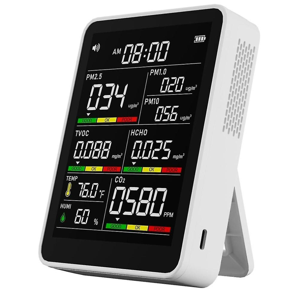 Multifunctional Air Quality Tester Compatible with PM2.5/PM10/CO2, Compatible withmaldehyde with Humidity, Temperature, TVOC & Time Disp