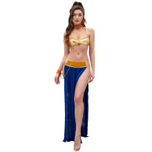 (Blue, M) Arabian Nights-Inspired 3-Piece Lingerie Set – Exotic Sheer Long Dress for Women