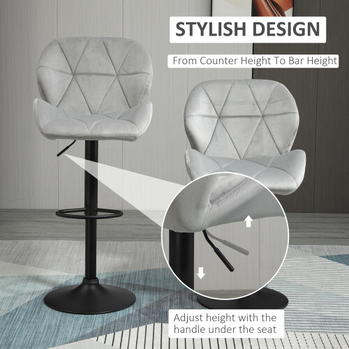 Homcom HOMCOM Bar Stool Set of 2 Fabric Adjustable Height Counter Chairs Light Grey 2