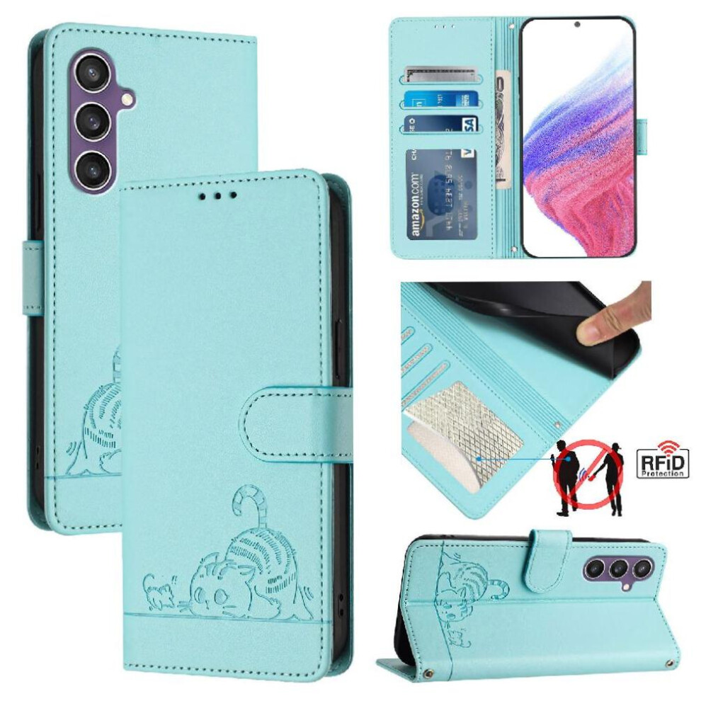 (Green) Case For Samsung Galaxy S23 Fe Cat Rfid Card Slot Holder Kickstand Wallet Flip Cover Green 764563656356