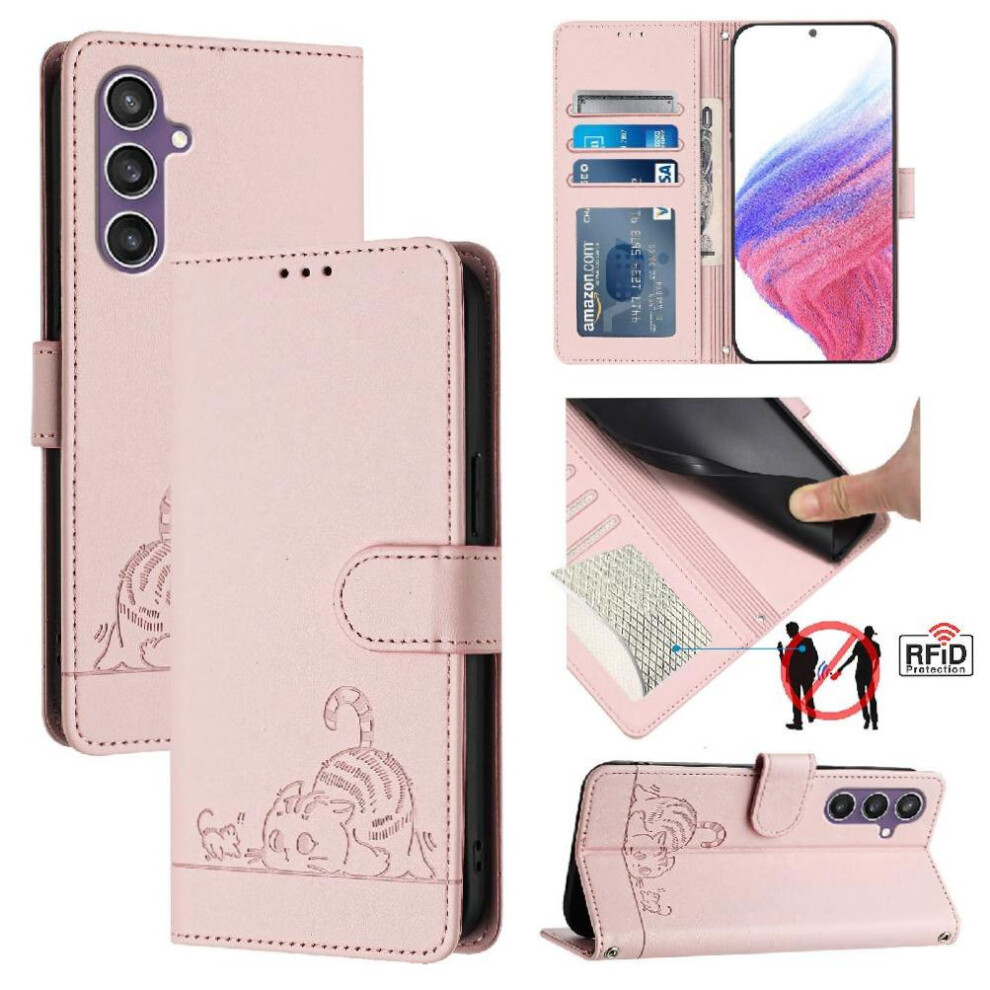 (Pink) Case For Samsung Galaxy S23 Fe Cat Rfid Card Slot Holder Kickstand Wallet Flip Cover Pink 764563656363