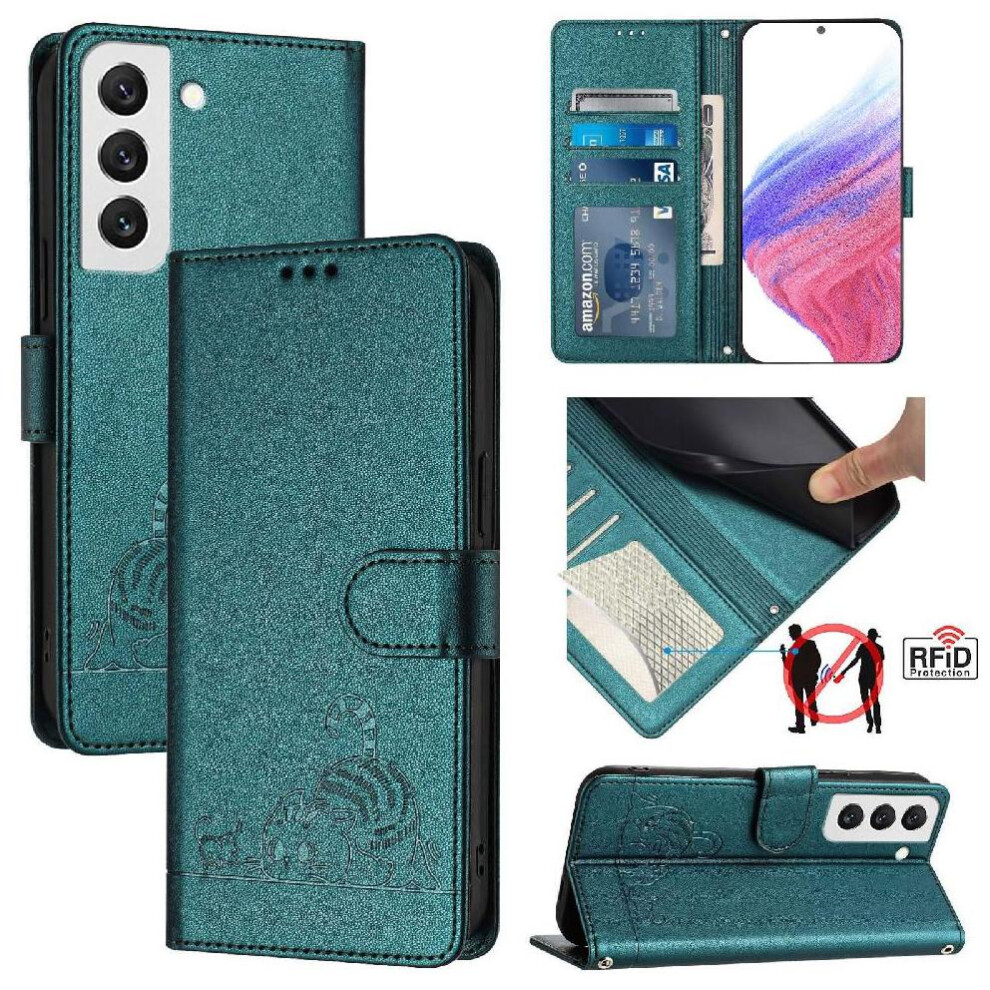 (Bottle ) Case For Samsung Galaxy S22 Cat Rfid Card Slot Holder Kickstand Wallet Flip Cover Green 764563656707