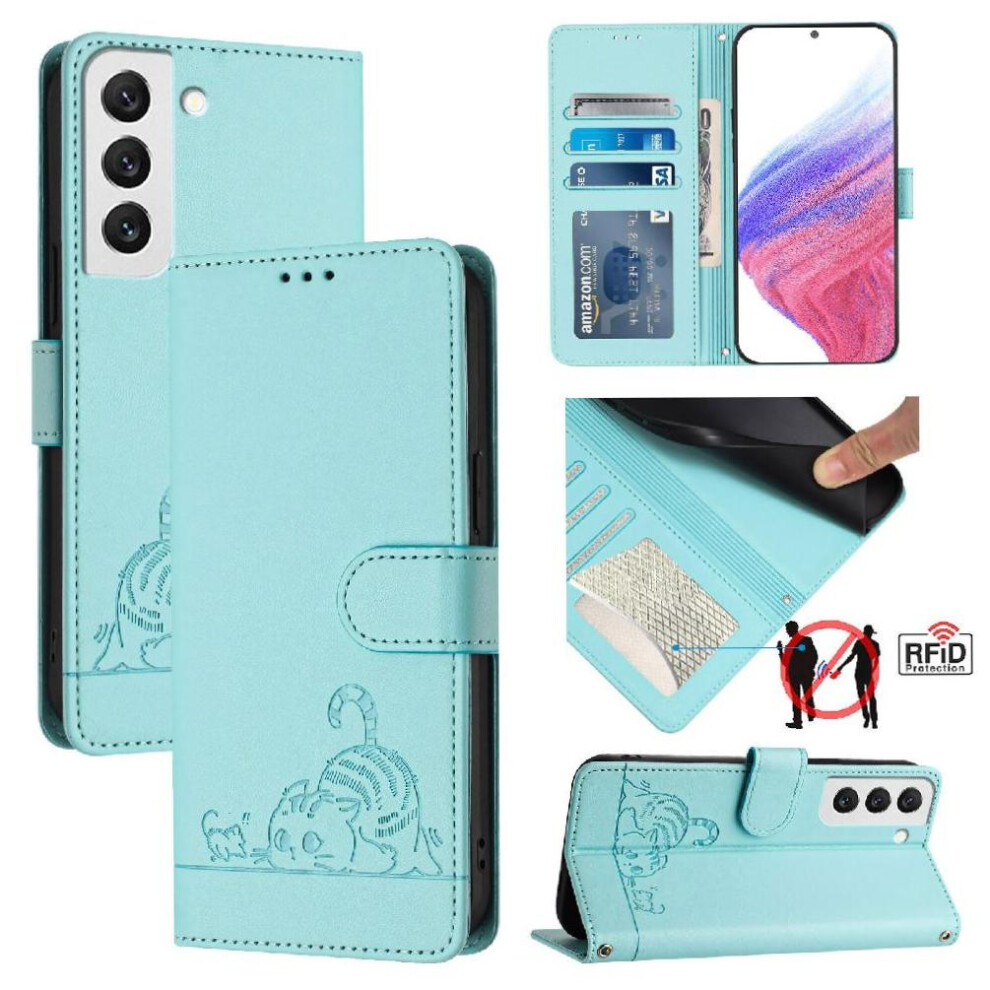 (Green) Case For Samsung Galaxy S22 Cat Rfid Card Slot Holder Kickstand Wallet Flip Cover Green 764563656714