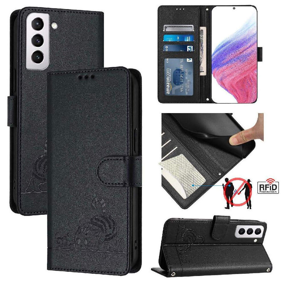 (Black) Case For Samsung Galaxy S21 Fe Card Slot Holder Kickstand Cat Rfid Wallet Flip Cover Black 764563656912