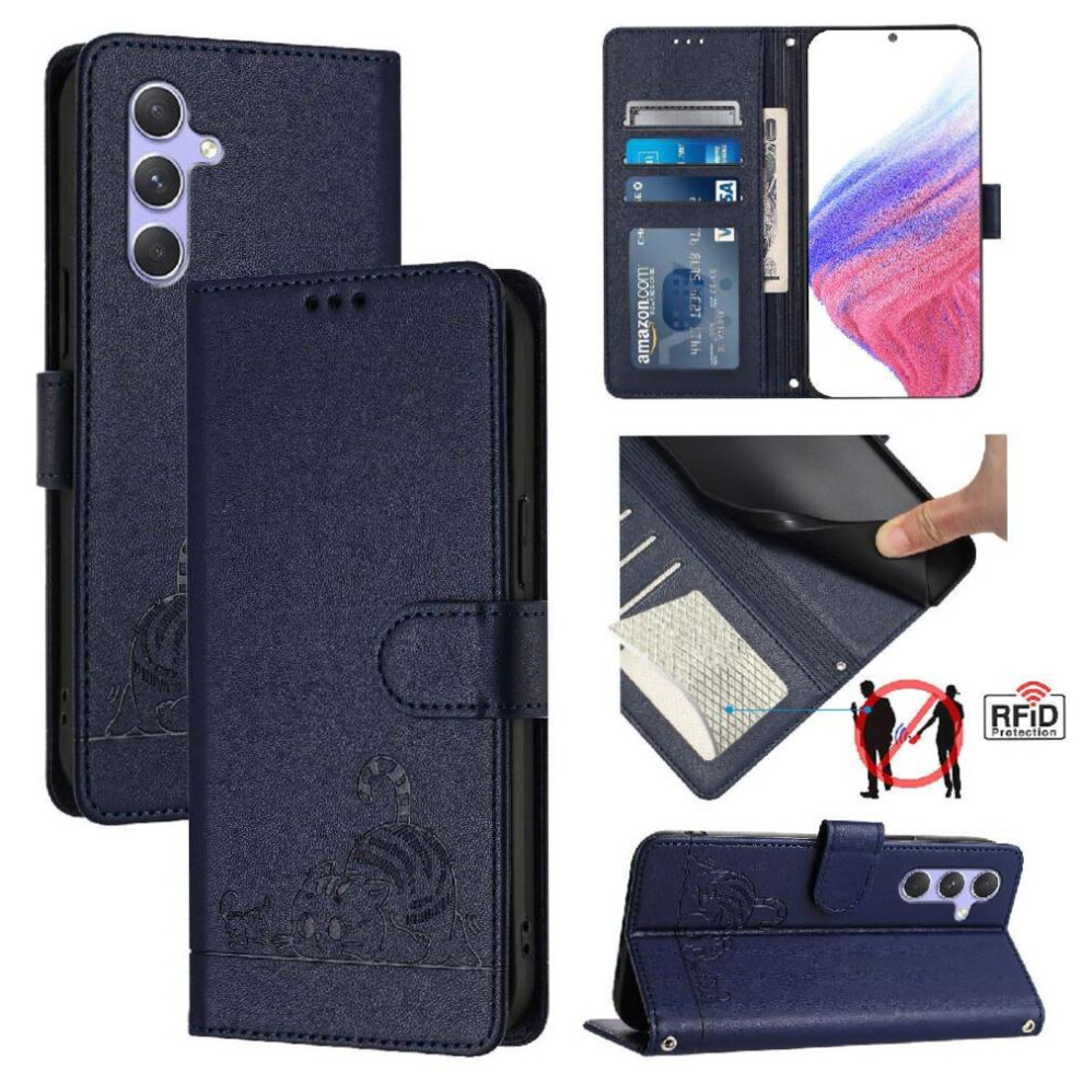 (Blue) Case For Samsung Galaxy A54 5G Cat Rfid Card Slot Holder Kickstand Wallet Flip Cover Blue 764563657520