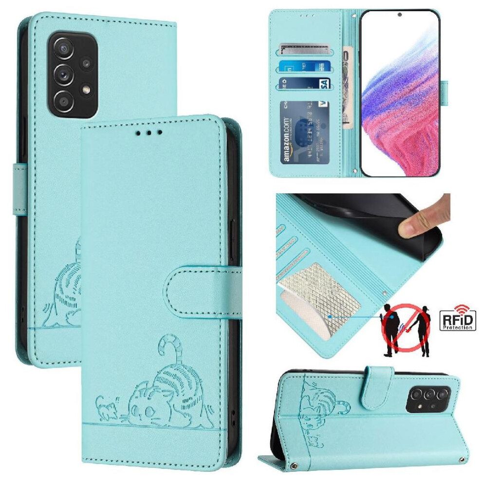 (Green) Case For Samsung Galaxy A52 4G/5G Wallet Flip Cover Cat Rfid Card Slot Holder Kickstand Green 764563657674