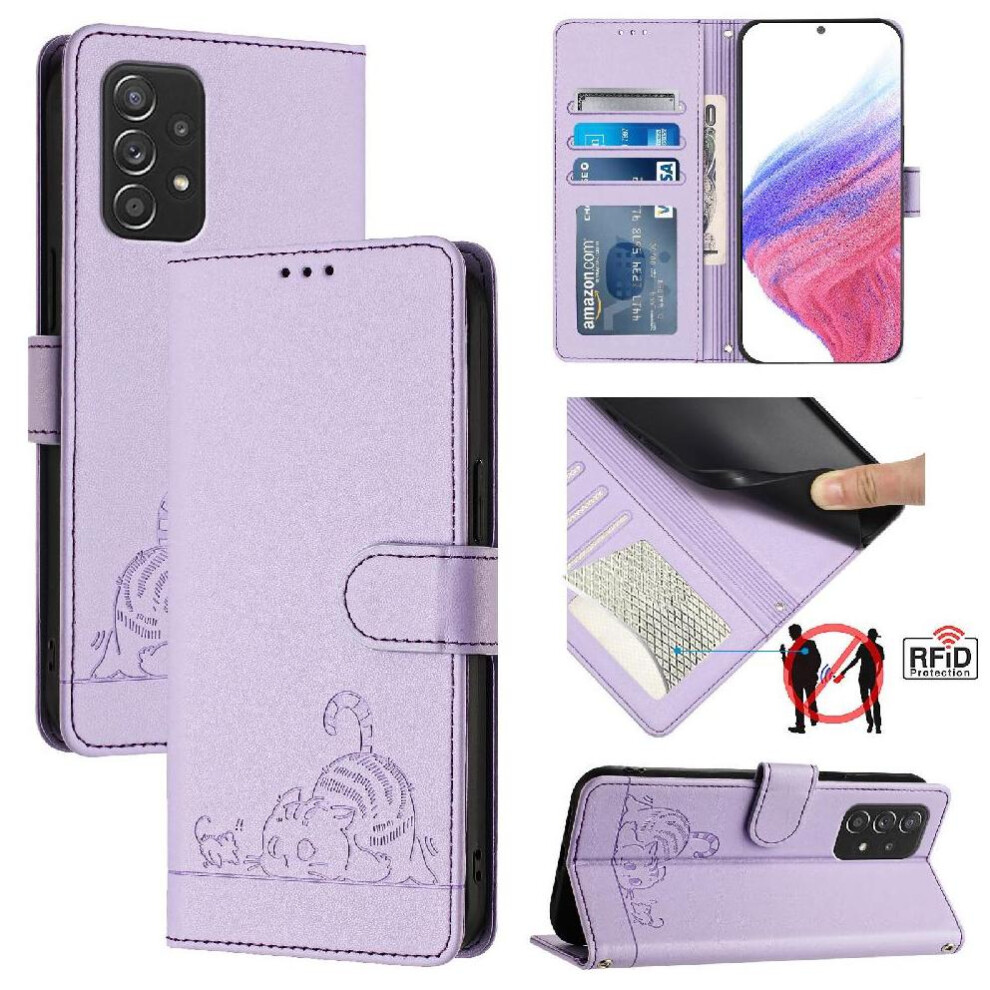 (Purple) Case For Samsung Galaxy A52 4G/5G Wallet Flip Cover Cat Rfid Card Slot Holder Kickstand Purple 764563657711
