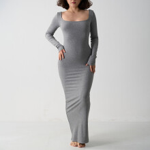 (Grey, XL) SKIMS SOFT Long Sleeve Dress long skirt with threaded belly-closing built-in shoulder strap anti-fall long skirt