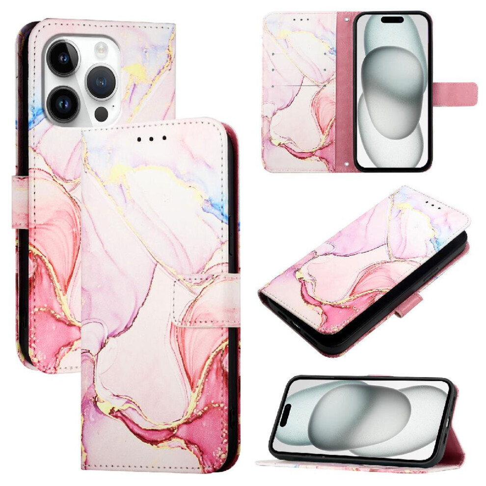 (Pink) Case For Iphone 16 Pro Kickstand Wallet Marble Pattern Pu Leather Pink 764563659715