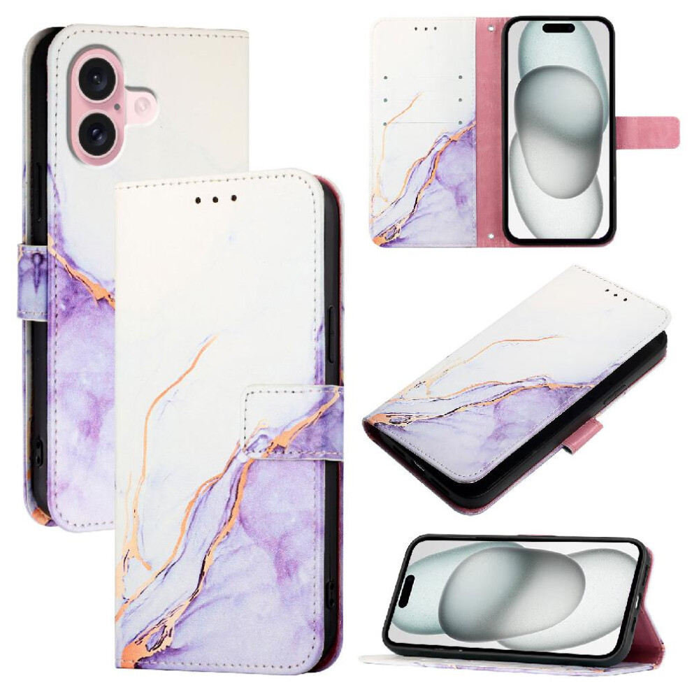 (Purple) Case For Iphone 16 Plus Wallet Kickstand Pu Leather Marble Pattern Purple 764563659807