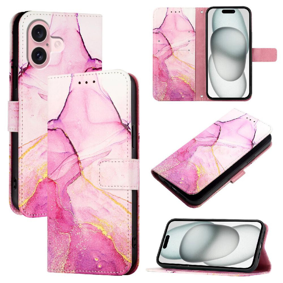 (Rose ) Case For Iphone 16 Plus Wallet Kickstand Pu Leather Marble Pattern Red 764563659760