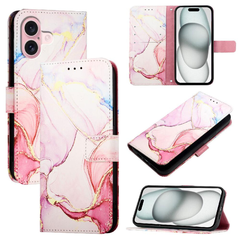 (Pink) Case For Iphone 16 Kickstand Marble Pattern Wallet Pu Leather Pink 764563659838