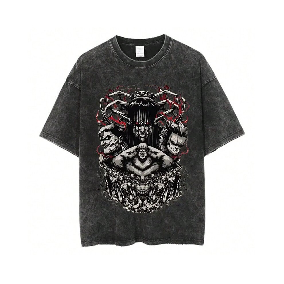 (black-JINK208C, S) Anime Attack On Titan T Shirts Oversized Vintage Washed Shingeki no Kyojin T-shirt Short Sleeve Manga Eren Mikasa Levi Tops Tees