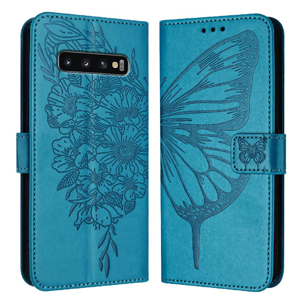(Blue) Case For Samsung Galaxy S10 Magnetic Embossing Butterfly Premium Leather Flip Cover Blue 764563660049