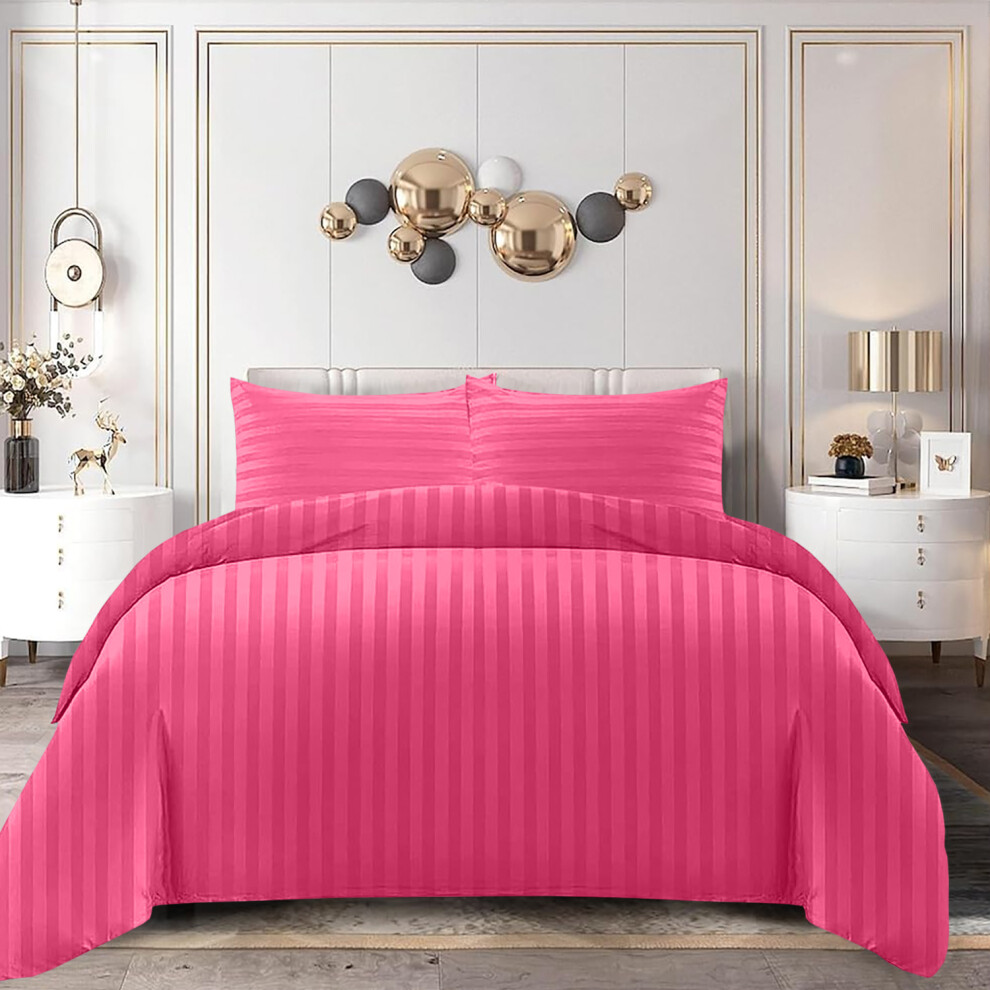 Oxford Homeware (, King) Luxury Duvet Set Stripe Duvet Quilt Cover Bedding Set With Pillowcases Pink