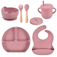 (As show, One size) Silicone Baby Dinnerware Set with Suction Bowl, Wrap, Spoon, Fork, Cup, 6 Pieces for Boys and Girls, BPA Free, Dishwasher and Microwave Safe, Pink.