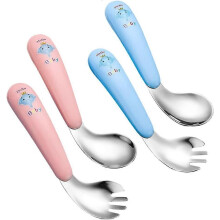 (As show, One size) 4Pcs Infant Training Spoon And Fork,Stainless Steel Baby Learning Spoons,Curved Exercise Spoon Learning,Kids Cutlery