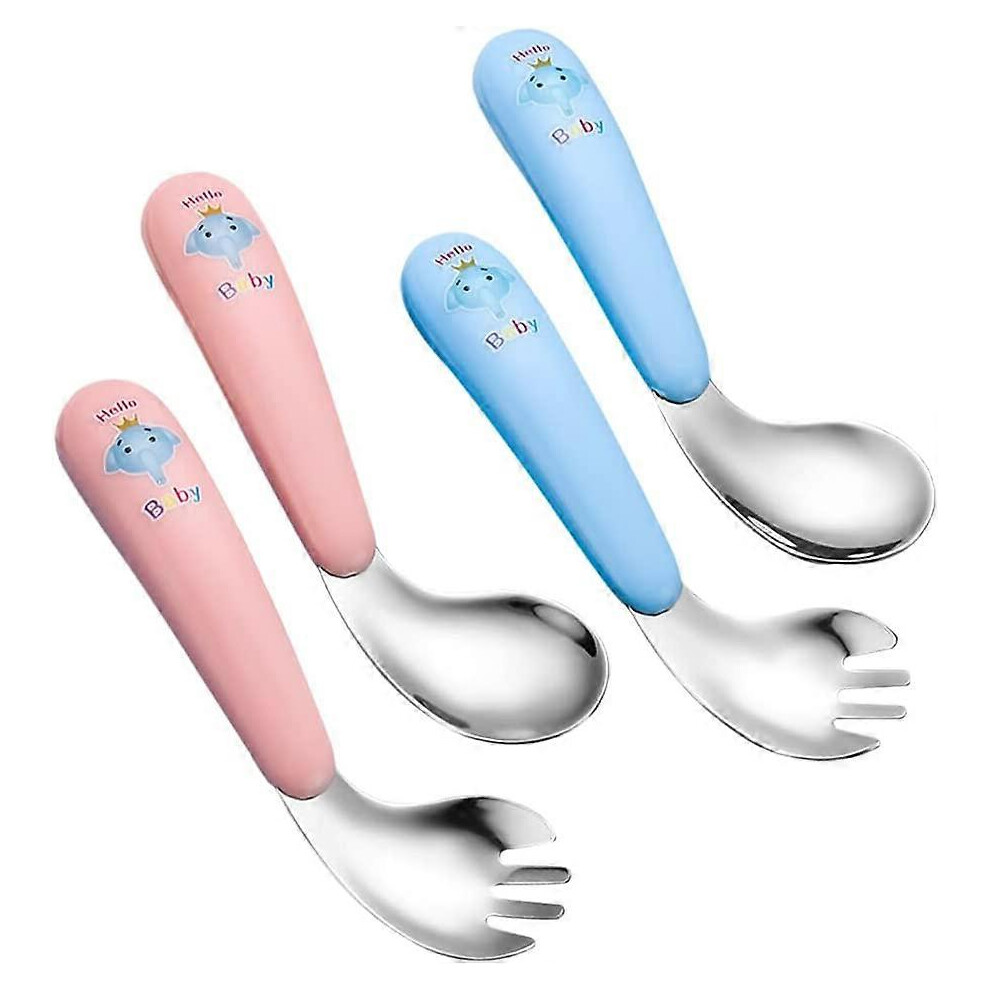 (As show, One size) 4Pcs Infant Training Spoon And Fork,Stainless Steel Baby Learning Spoons,Curved Exercise Spoon Learning,Kids Cutlery