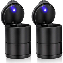 (As show, One size) Car Ashtray with LED, 2 Pieces Cylinder Car Ashtray Portable Car Ashtray with Lid Car Cigarette Ashtrays for Travel Home Office (Black)