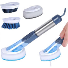 (As show, One size) Scrubbing Dish Brush with 4 Different Replacement Heads, Kitchen Cleaning Brush with Soap Dispenser, 28cm Long for Kitchen Sink Cleaning