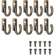 (As show, One size) Set of 10 iron hooks, metal hooks, wall hooks, antique brass, retro bronze design, 23 mm, set of 10 screws included