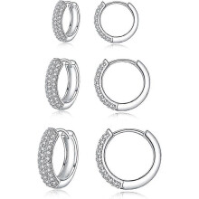 (As show, One size) Small Hoop Earrings for Women in 925 Sterling Silver with 5A Cubic Zirconia, 3 Pairs of Small Platinum/Rose Gold/Unisex Hoop Earrings Set Hypoallergen