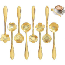 (As show, One size) Flower 8 Shapes Stainless Steel Teaspoon Coffee Spoon Creative Tableware Mixed Spoon Sugar Spoon Ice Cream Spoon 12cm(Golden)