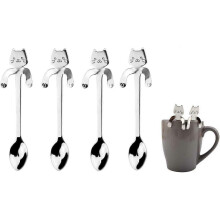 (As show, One size) Stainless Steel Dessert Spoon, 4 Pcs Kit Cute Cat Shaped Stainless Steel Spoons for Coffee, Tea, Sugar and Cake (Silver)