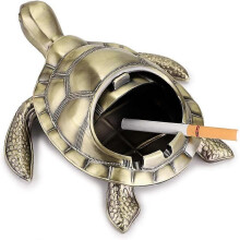 (As show, One size) Retro Metal Tortoise Ashtray with Windproof Lid, Indoor and Outdoor (Bronze Green)