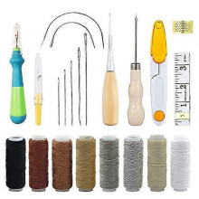 (As show, One size) 22 Pcs Leather Tools Kit Repair Hand Craft Leather Waxed Thread 8 Color with Sewing Needles Scissors Tape Measure for Sewing Leather Shoes Leather Sof