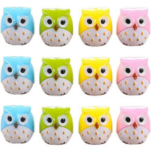 (As show, One size) Cute Owl Pencil Sharpener 12 Pieces Two Holes Plastic Pencil Sharpener for Kid School Supplies Green Pink Blue YellowRandom Color