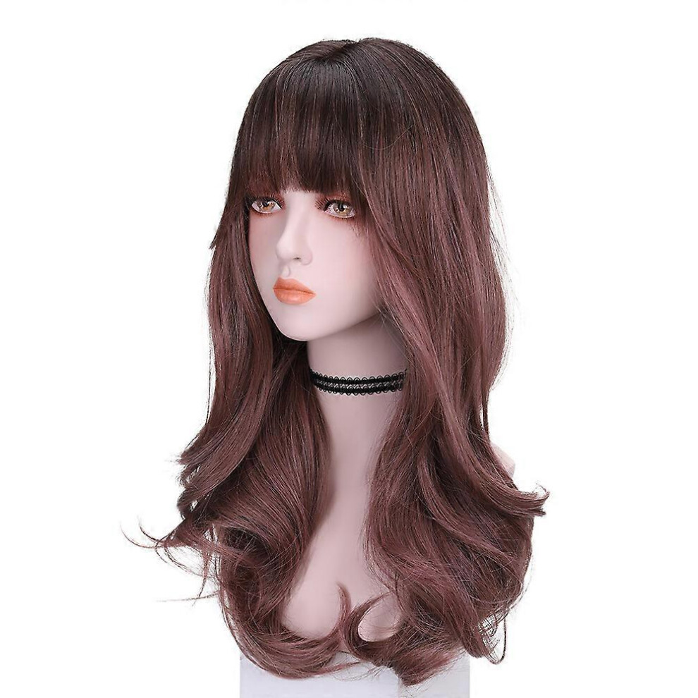 (As show, One size) New style female wig long curly hair full set of head curly natural hair air Qi Liu full set of top hairBrown-pink