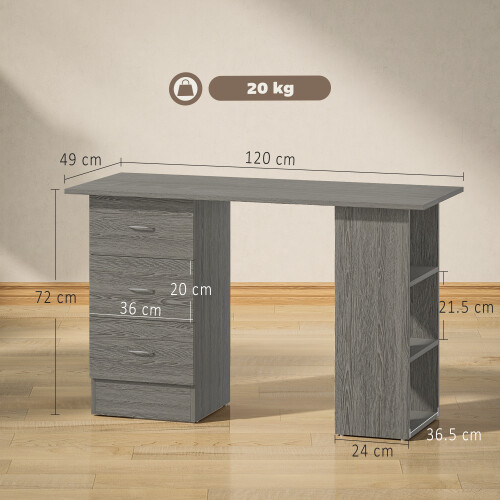 Homcom (Grey) HOMCOM 120cm Computer Desk, Study Table with 3 Shelf & Drawers 2