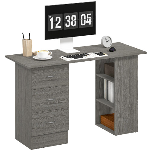 Homcom (Grey) HOMCOM 120cm Computer Desk, Study Table with 3 Shelf & Drawers 1