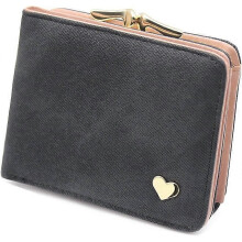 (As show, One size) Ladies Small Heart Decoration Wallet-Black Short Wallet Small Purse Large Capacity Wallets