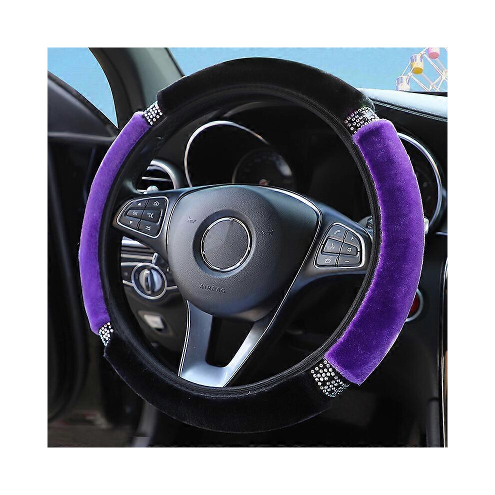 (As Show, One Size) Diamond Fluffy Steering Wheel Cover (Purple) With Sparkly Crystal Rhinestones, Universal 15 Inch Car Elastic Steering Wheel Protec Purple 4704245204242