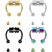 (As show, One size) 4 Pcs Magnetic Septum Nose Ring Stainless Steel Magnet Fake Septum Nose Ring