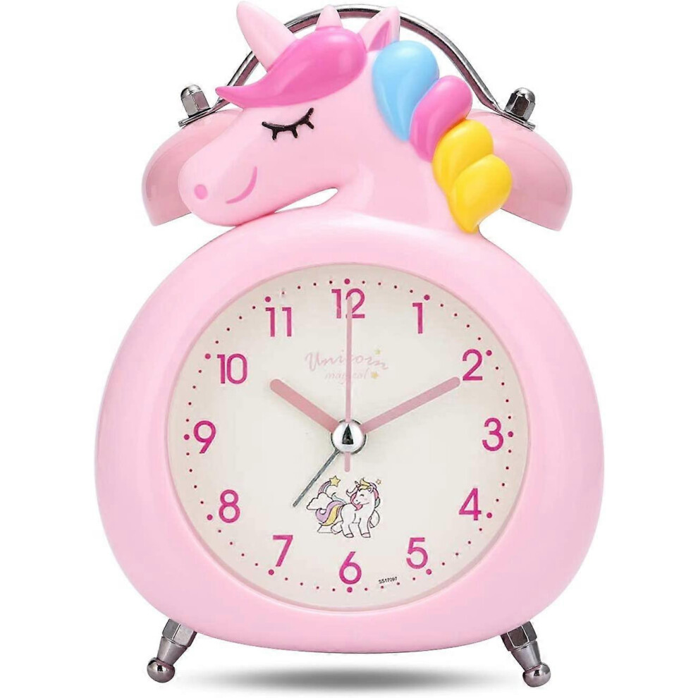 (As Show, One Size) Unicorn Alarm Clock For Girls, Analog Alarm Clock For Kids, Silent Dual Bell Morning Silent Ticking Table Clock With Bedside Pink