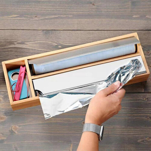 Bamboo Wrap Dispenser, Eco-Friendly Bamboo Construction Slide Cutter Dispenser for Kitchen Drawer, Versatile Storage Solution for Plastic Wrap And 1