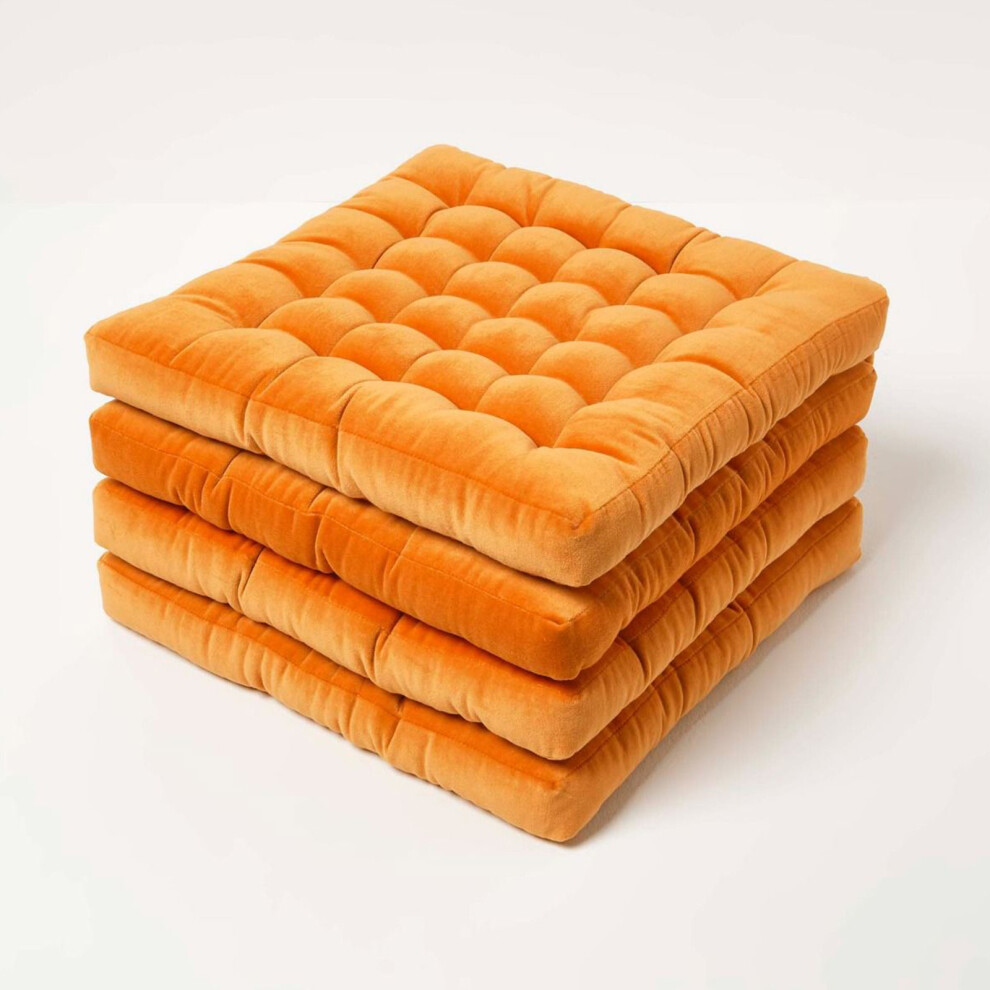Homescapes (Set Of 4, ) Velvet Chair Pads With Straps Indoor & Outdoor Orange