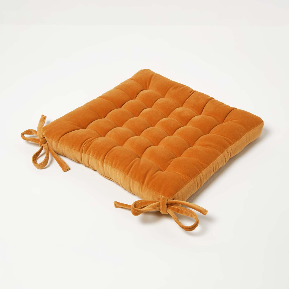 Homescapes (1 Seat Pad, ) Velvet Chair Pads With Straps Indoor & Outdoor Orange