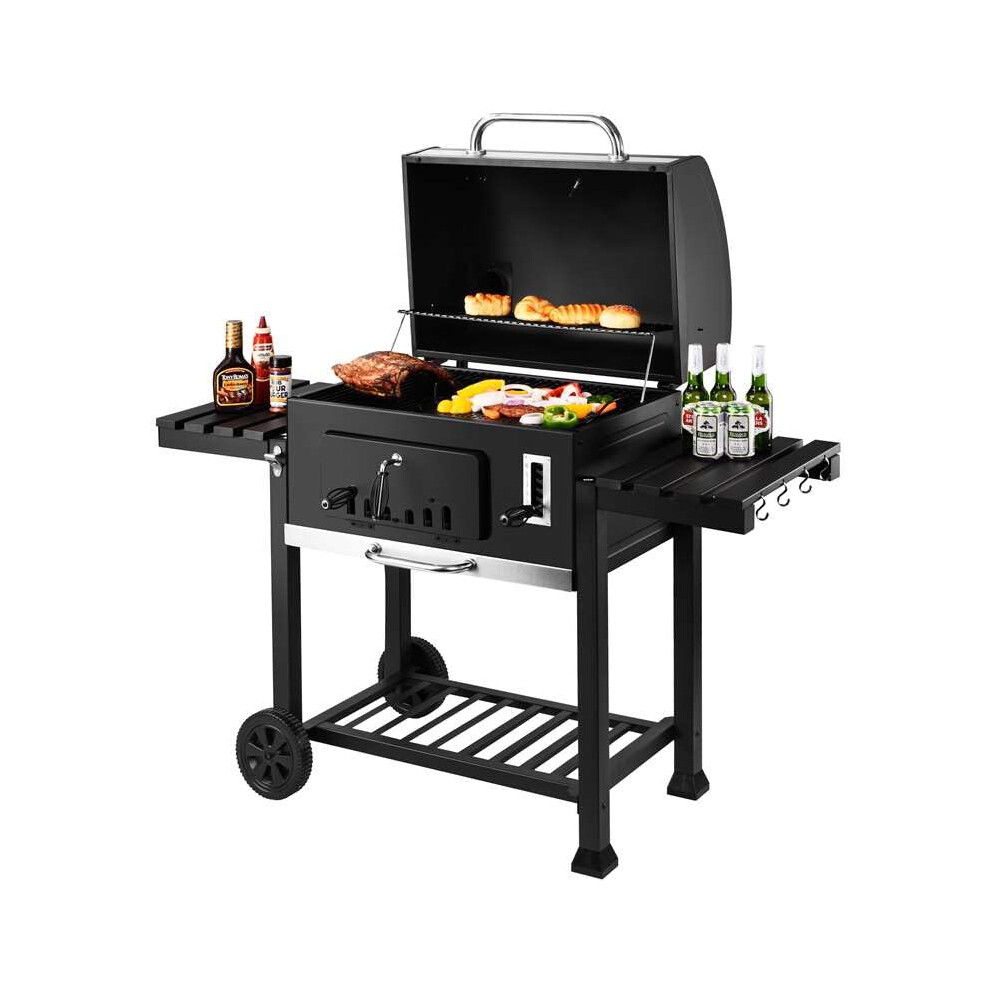 Callow Retail Xxl Charcoal Bbq Grill - Includes Two Foldable Side Tables Charcoal Bbq ? Barbecue With Warming Rack, Adjustable Height, Temperature Gauge, Ash Tray,