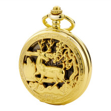 TREEWETO Vintage Pocket Watch Mechanical Double Cover Hollow Case Skeleton Steampunk Deer Case Men Women, Golden