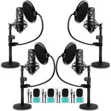 Movo 4-Pack Universal XLR Podcast Microphone Bundle- Includes 4 Cardioid Condenser Mics, Desktop Mic Stands, Pop Filters, Shock Mounts, and Cables for