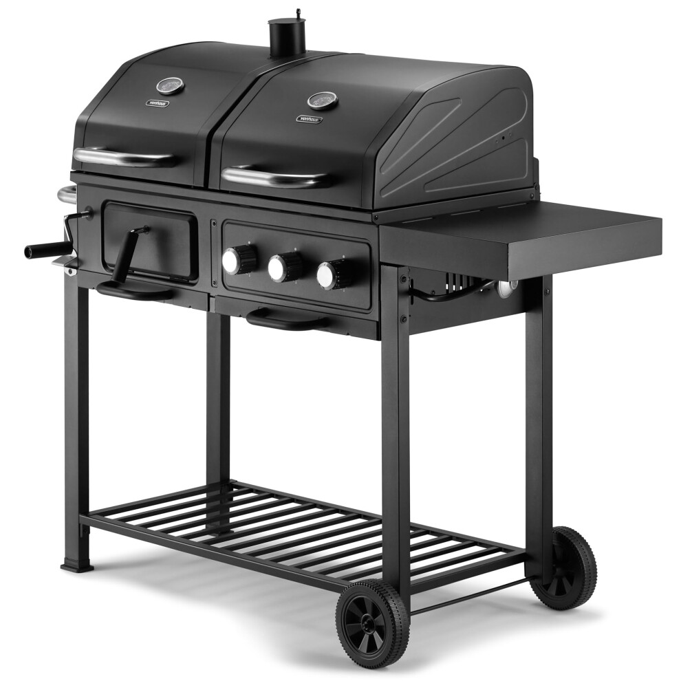 VonHaus Hybrid Dual Fuel BBQ ? 2 in 1 Charcoal & Gas Barbecue with Warming Rack, Fold Down Shelf, Temperature Gauges, Wheels, Large Cooking Grills ?