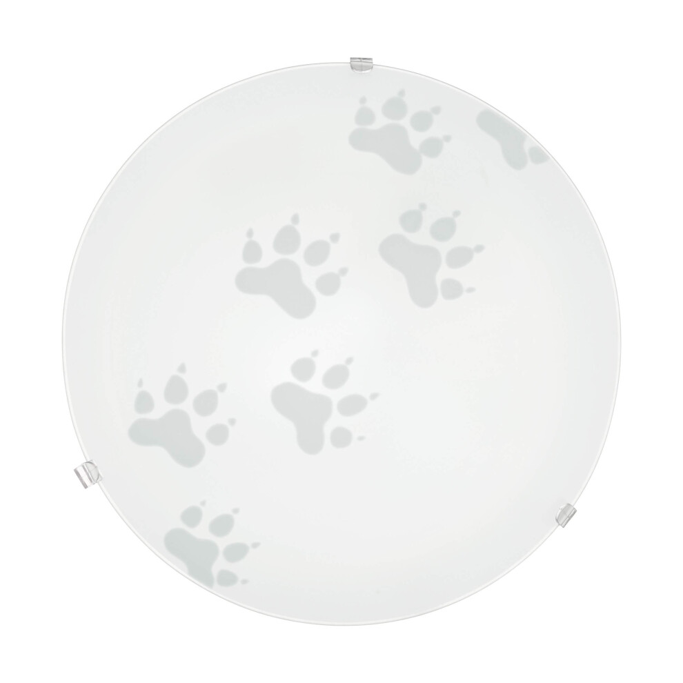 Eglo Ceiling Lamp Mars, Wall Light, Ceiling Light Made Of Steel, Colour: White, Glass: White Satin Motif Paw, Socket: E27